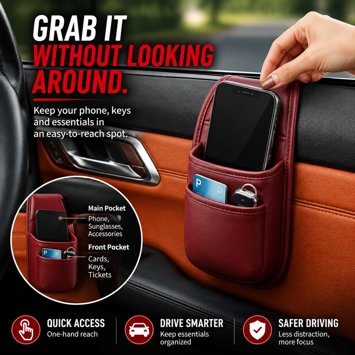 2PCS Car Phone Storage Pocket – Slim Organizer for Phones, Keys & Cards